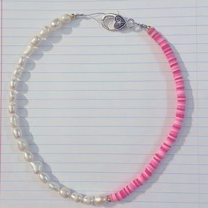 half jumbo pearl half pink clay heishi beaded necklace